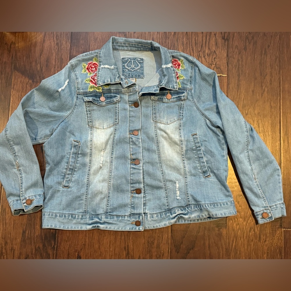 Odyn Distressed Denim Jacket with embroidered Rose Design - XXL